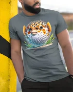 Funny Pufferfish T-Shirt Cute Ocean Animal - model leaning on yellow-black pole, wearing Gray T-shirt, hand in pocket