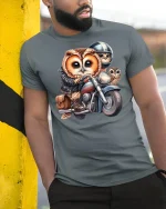 Cool Biker Owl T-Shirt - model leaning on yellow-black pole, wearing Gray T-shirt, hand in pocket