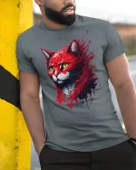 Red Flame Cat T-Shirt - model leaning on yellow-black pole, wearing Gray T-shirt, hand in pocket
