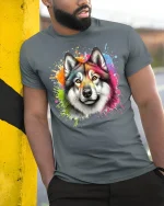 Colorful Wolf T-Shirt Artistic Wild Animal - model leaning on yellow-black pole, wearing Gray T-shirt, hand in pocket
