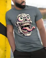 Creepy Zombie Face Tongue Out T-Shirt - model leaning on yellow-black pole, wearing Gray T-shirt, hand in pocket
