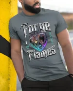 Forge of Flames Heart Tee - model leaning on yellow-black pole, wearing Gray T-shirt, hand in pocket