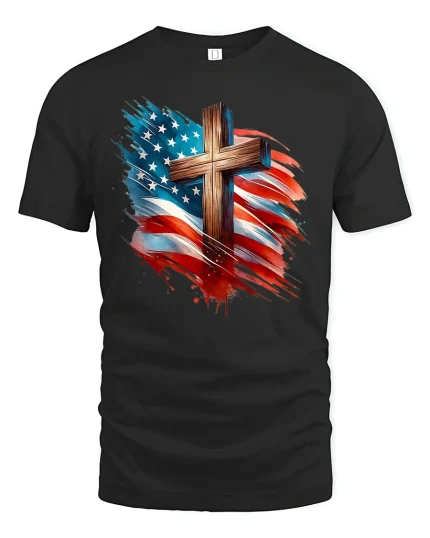 Patriotic American Flag Cross Tee - black t-shirt on white background