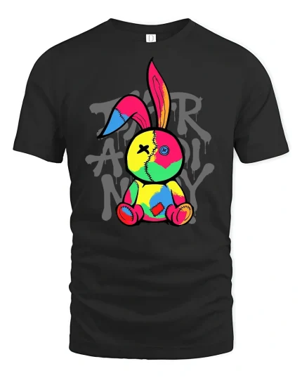 Colorful Patchwork Bunny Graphic T-Shirt - black t-shirt on white background