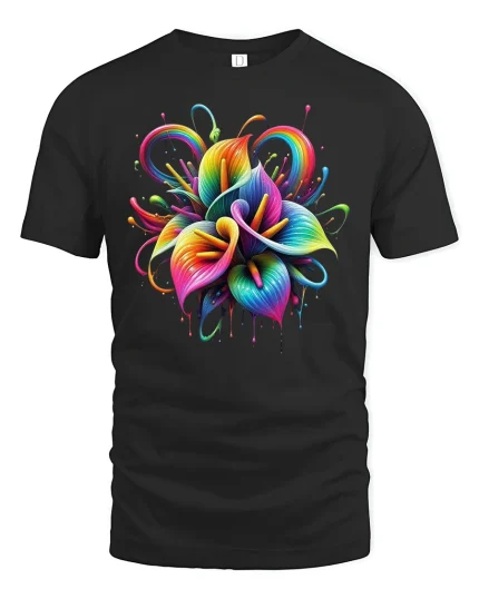 Vibrant Rainbow Flower Splash T-Shirt - black t-shirt on white background