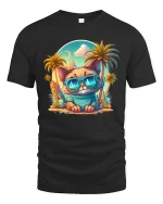 Cool Cat in Sunglasses Tropical Beach T-Shirt - black t-shirt on white background