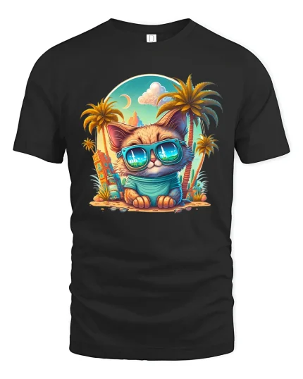 Cool Cat in Sunglasses Tropical Beach T-Shirt - black t-shirt on white background
