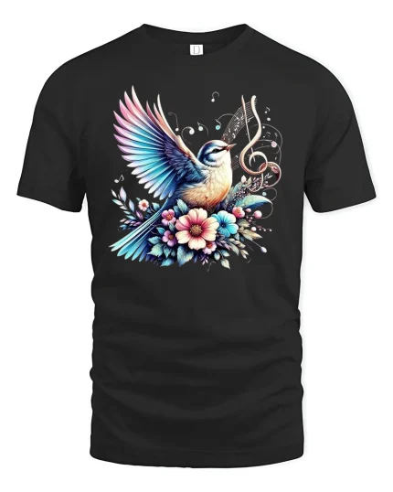 Singing Bird Music Notes Tee - black t-shirt on white background