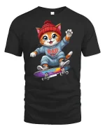 Cool Skater Cat Cartoon T-Shirt - black t-shirt on white background