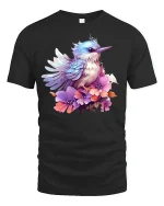 Colorful Bird and Flowers T-Shirt - black t-shirt on white background