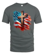Patriotic American Flag Cross Tee - gray t-shirt on white background