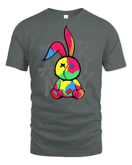Colorful Patchwork Bunny Graphic T-Shirt - gray t-shirt on white background