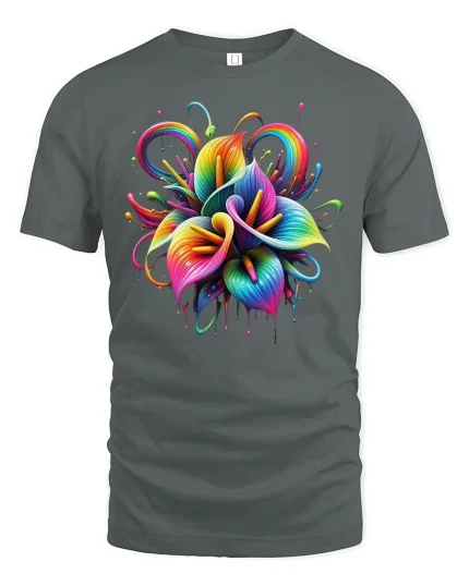 Vibrant Rainbow Flower Splash T-Shirt - gray t-shirt on white background