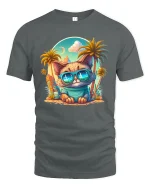 Cool Cat in Sunglasses Tropical Beach T-Shirt - gray t-shirt on white background
