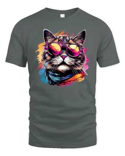Retro Cool Cat Style T-Shirt - gray t-shirt on white background