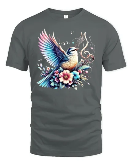 Singing Bird Music Notes Tee - gray t-shirt on white background