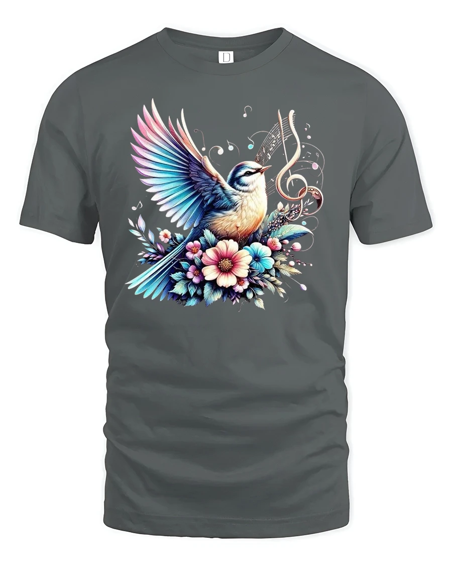 Singing Bird Music Notes Tee - 1 Singing Bird Music Notes Tee - gray t-shirt on white background
