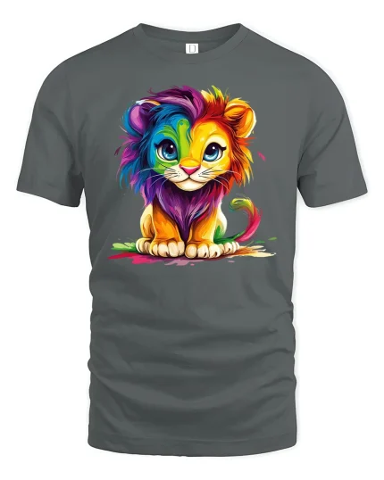 Colorful Baby Lion Art T-Shirt - gray t-shirt on white background