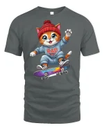 Cool Skater Cat Cartoon T-Shirt - gray t-shirt on white background