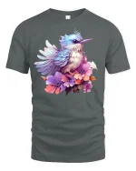 Colorful Bird and Flowers T-Shirt - gray t-shirt on white background