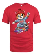 Cool Skater Cat Cartoon T-Shirt - red t-shirt on white background