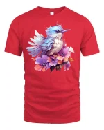 Colorful Bird and Flowers T-Shirt - red t-shirt on white background