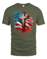 Patriotic American Flag Cross Tee - military green t-shirt on white background