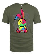 Colorful Patchwork Bunny Graphic T-Shirt - military green t-shirt on white background