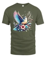 Singing Bird Music Notes Tee - military green t-shirt on white background