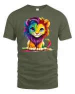 Colorful Baby Lion Art T-Shirt - military green t-shirt on white background