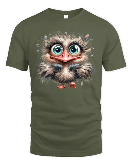 Cute Big Eyed Bird T-Shirt - military green t-shirt on white background
