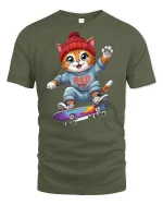 Cool Skater Cat Cartoon T-Shirt - military green t-shirt on white background