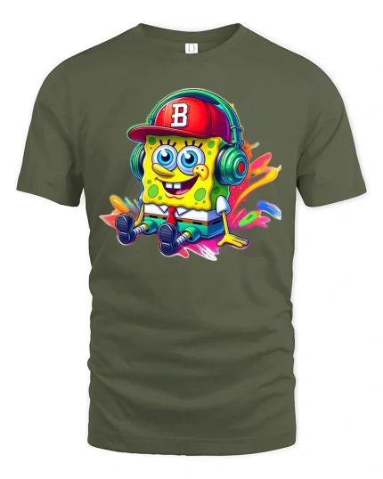 Funny Cartoon Sponge T-Shirt - military green t-shirt on white background