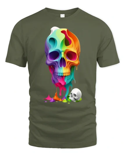 Colorful Melting Skull T-Shirt - military green t-shirt on white background
