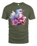 Colorful Bird and Flowers T-Shirt - military green t-shirt on white background