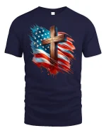 Patriotic American Flag Cross Tee - navy t-shirt on white background