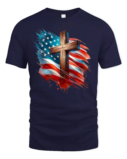 Patriotic American Flag Cross Tee - navy t-shirt on white background