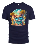 Cool Cat in Sunglasses Tropical Beach T-Shirt - navy t-shirt on white background