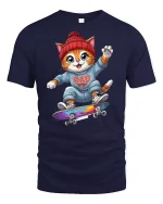 Cool Skater Cat Cartoon T-Shirt - navy t-shirt on white background