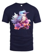 Colorful Bird and Flowers T-Shirt - navy t-shirt on white background