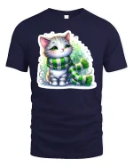 Winter Cat with Scarf T-Shirt - navy t-shirt on white background
