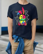 Colorful Patchwork Bunny Graphic T-Shirt - model wearing Navy T-shirt, hands in pockets, denim shirt at waist
