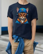 Hip Hop Cat DJ Hoodie T-Shirt - model wearing Navy T-shirt, hands in pockets, denim shirt at waist
