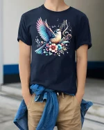 Singing Bird Music Notes Tee - model wearing Navy T-shirt, hands in pockets, denim shirt at waist