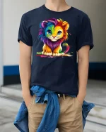 Colorful Baby Lion Art T-Shirt - model wearing Navy T-shirt, hands in pockets, denim shirt at waist