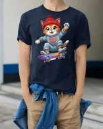 Cool Skater Cat Cartoon T-Shirt - model wearing Navy T-shirt, hands in pockets, denim shirt at waist
