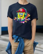 Funny Cartoon Sponge T-Shirt - model wearing Navy T-shirt, hands in pockets, denim shirt at waist