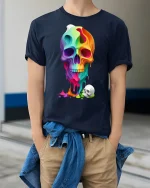 Colorful Melting Skull T-Shirt - model wearing Navy T-shirt, hands in pockets, denim shirt at waist