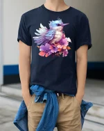 Colorful Bird and Flowers T-Shirt - model wearing Navy T-shirt, hands in pockets, denim shirt at waist