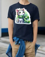 Winter Cat with Scarf T-Shirt - model wearing Navy T-shirt, hands in pockets, denim shirt at waist